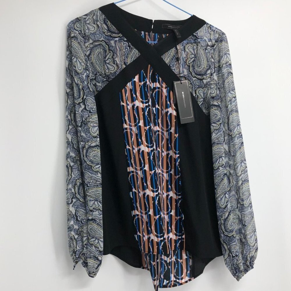 NWT BCBGMAXAZRIA Kathy Abstract paisley print sheer balloon sleeve blouse xxs - Picture 3 of 16
